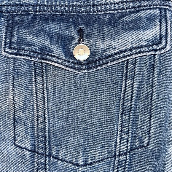 Fantastic Fawn Denim Jacket Womens Medium Silver Fringe Back Blue Jean Jacket - Picture 9 of 14